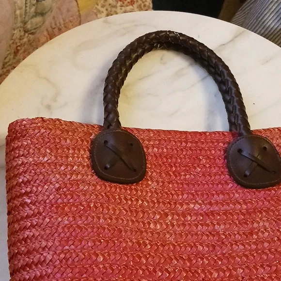 Pink Straw Satchel, 12 X 10, Vintage 1990s Bag, Linen Lined - Picture 2 of 6